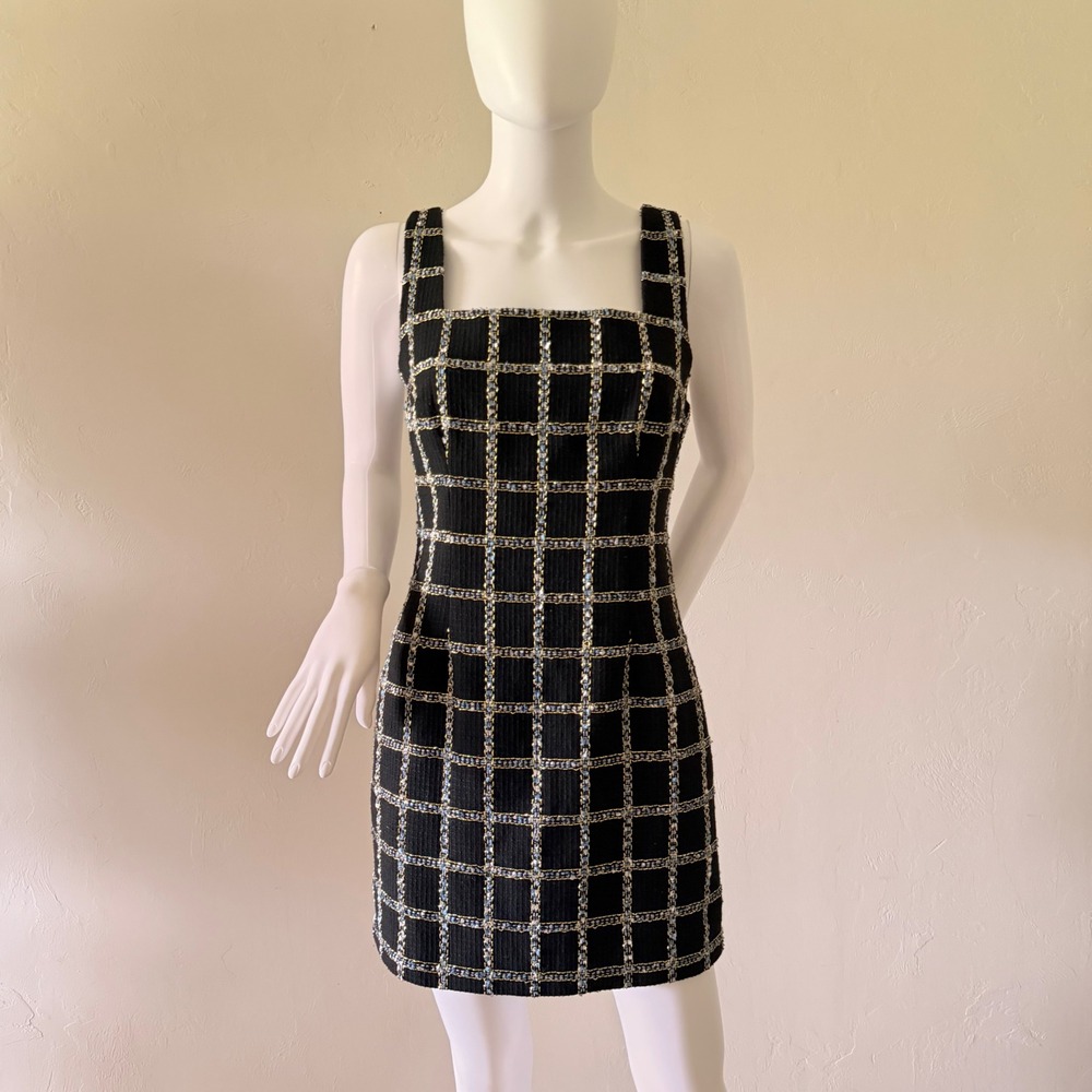 Jason Wu Women's Black Tweed Metallic Plaid Mini Dress Square Neck Sheath Size M